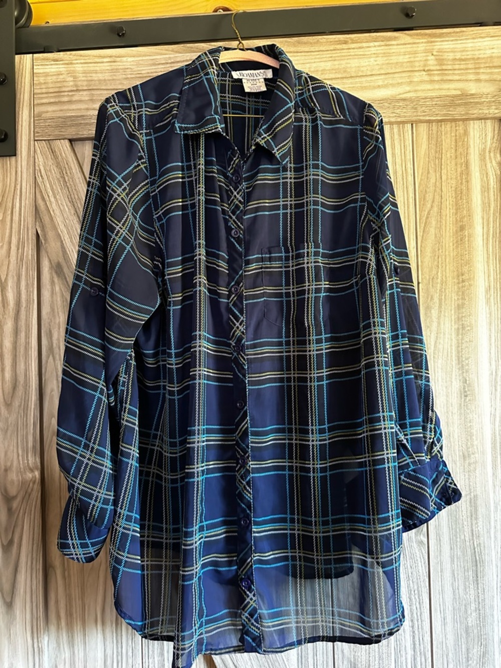Buy 2 Get 1 Free! Roaman's Navy Plaid Sheer Button Up Tunic Shirt Roll Tab 20W